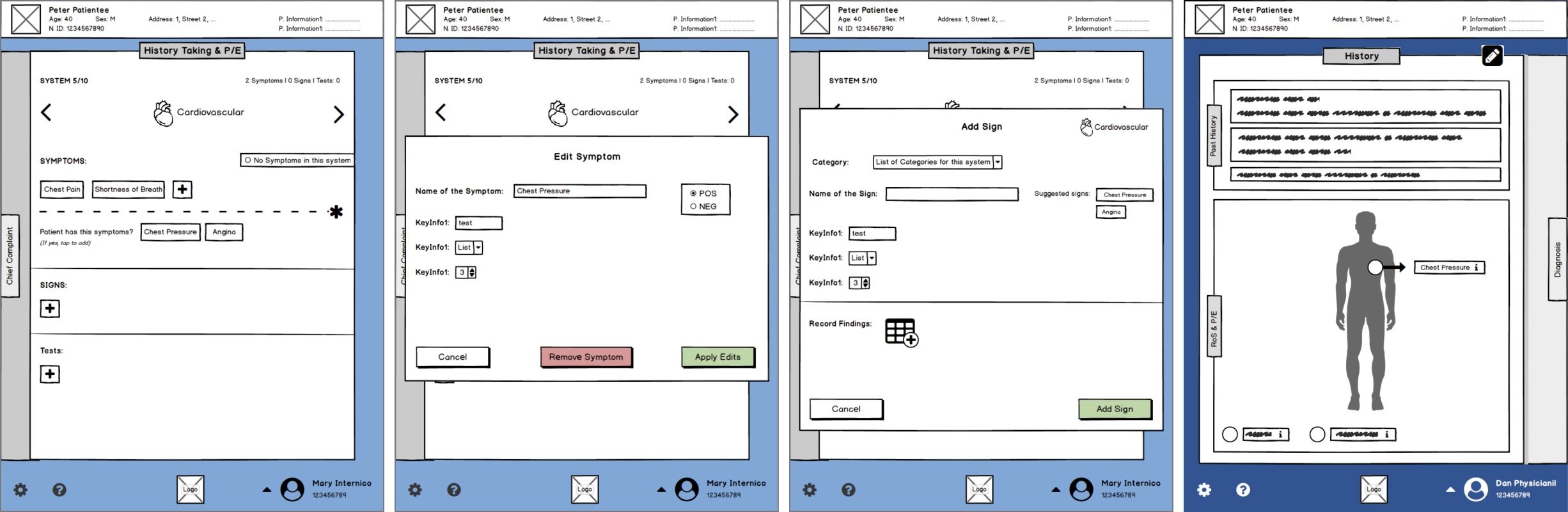 Wireframe: symptoms screens.