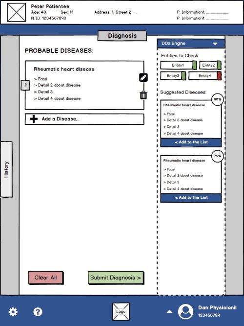Wireframe: diagnosis and ddx screen.