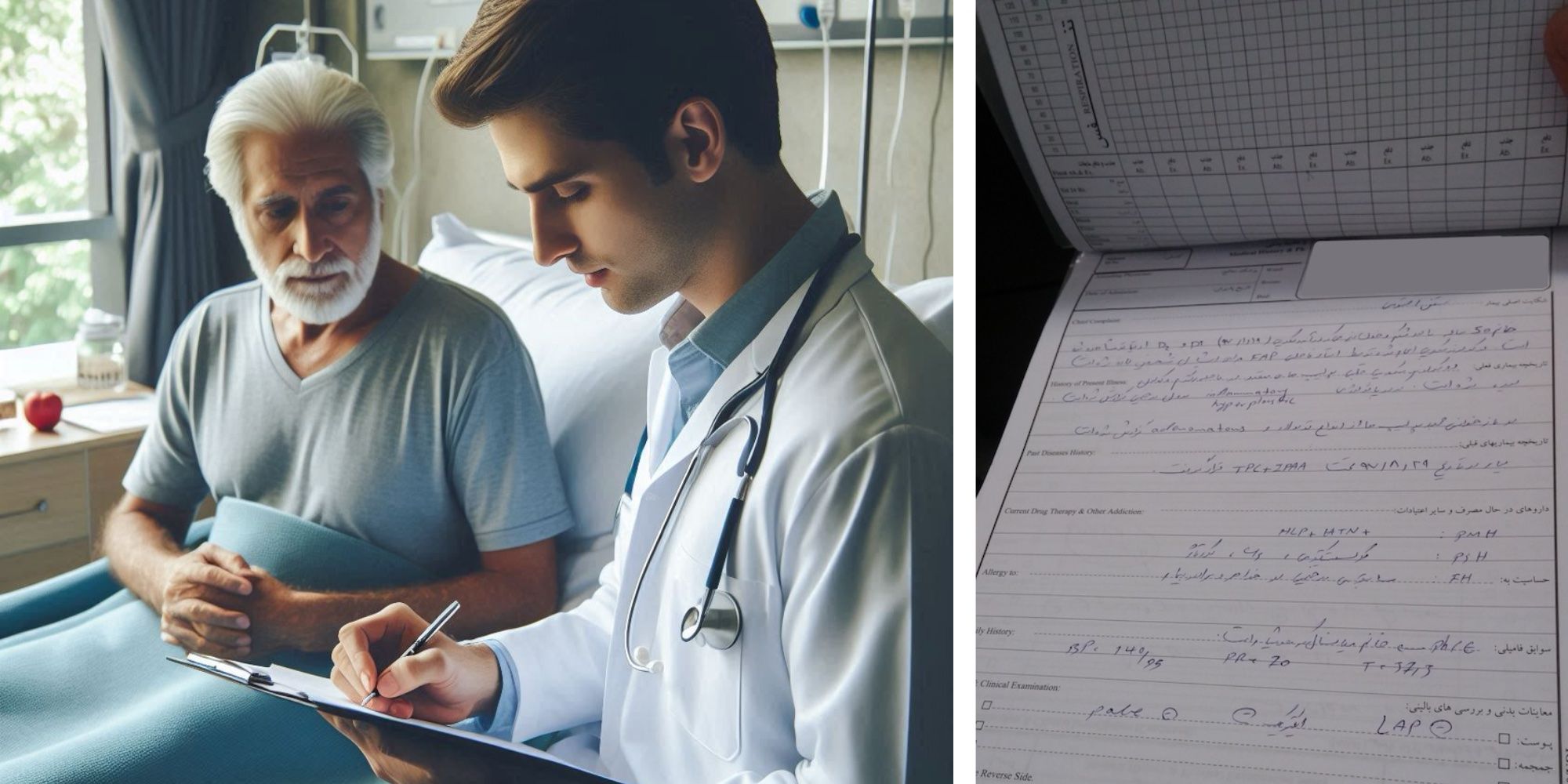 Doctor at a patient side. Foto of a paper record.